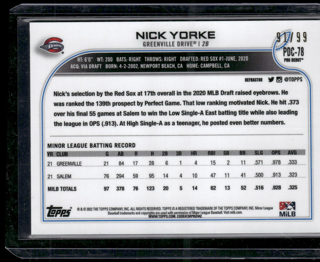 2022 Topps Pro Debut #PDC-78 Nick Yorke Chrome Refractor #/99