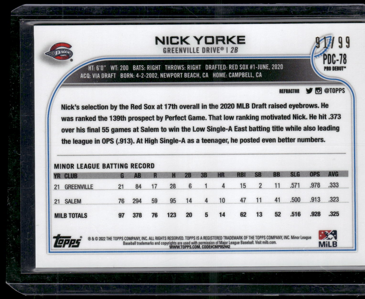 2022 Topps Pro Debut #PDC-78 Nick Yorke Chrome Refractor #/99