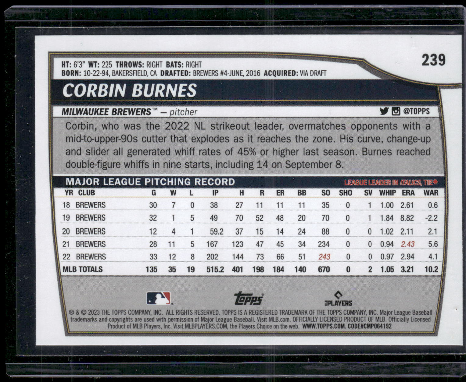 2023 Topps Big League #239 Corbin Burnes