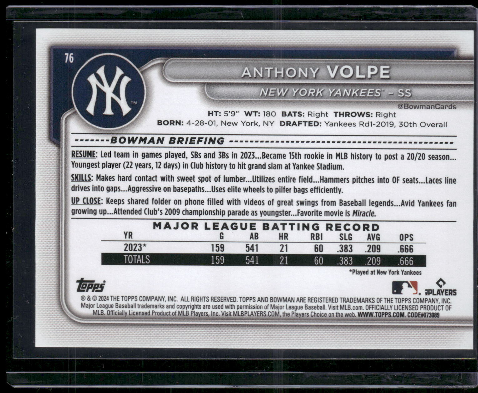 2024 Bowman #76 Anthony Volpe