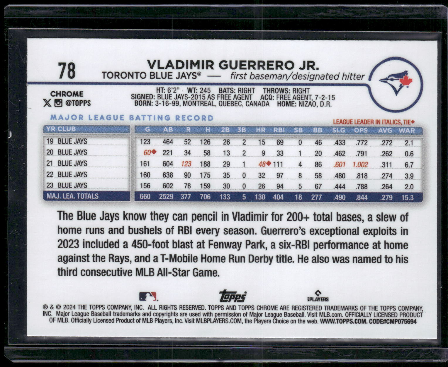 2024 Topps Chrome #78 Vladimir Guerrero Jr. Prism Refractors