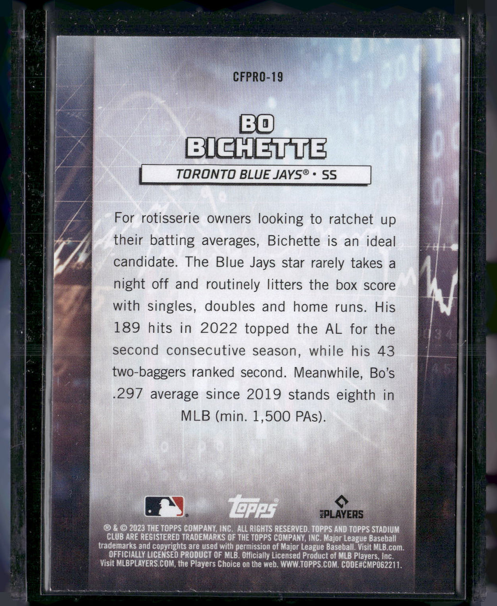 2023 Stadium Club #CFPRO-19 Bo Bichette Chief Fantasy Professionals