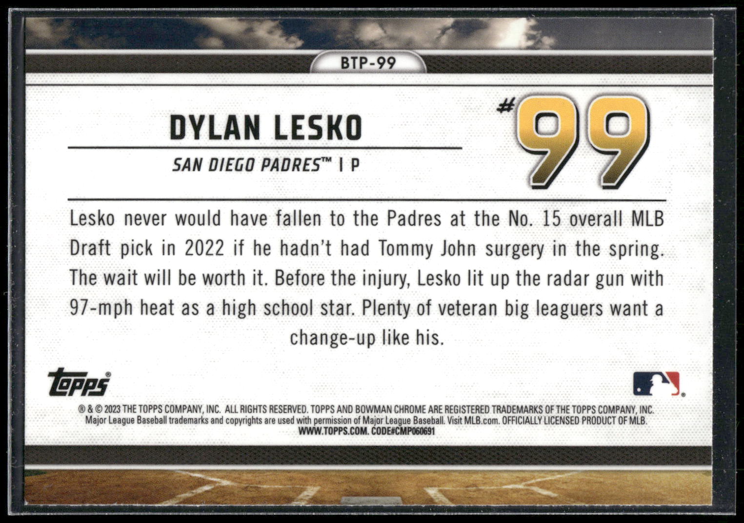 2023 Bowman #BTP-99 Dylan Lesko Bowman Scouts Top 100