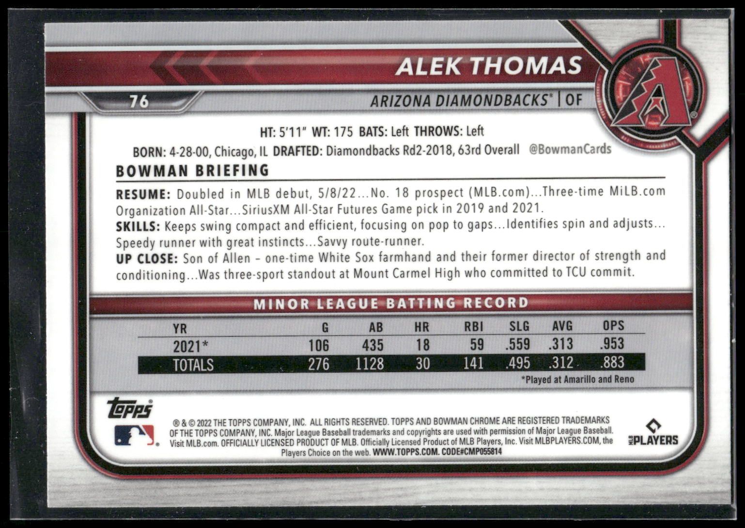 2022 Bowman Chrome #76 Alek Thomas