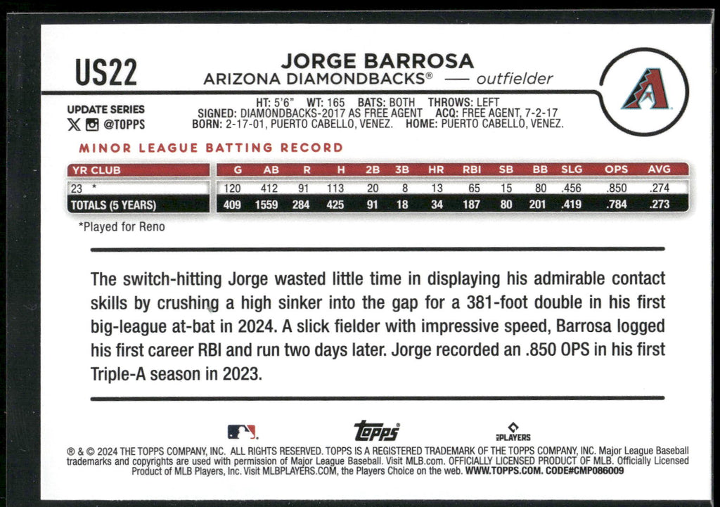 2024 Topps Update #US22 Jorge Barrosa