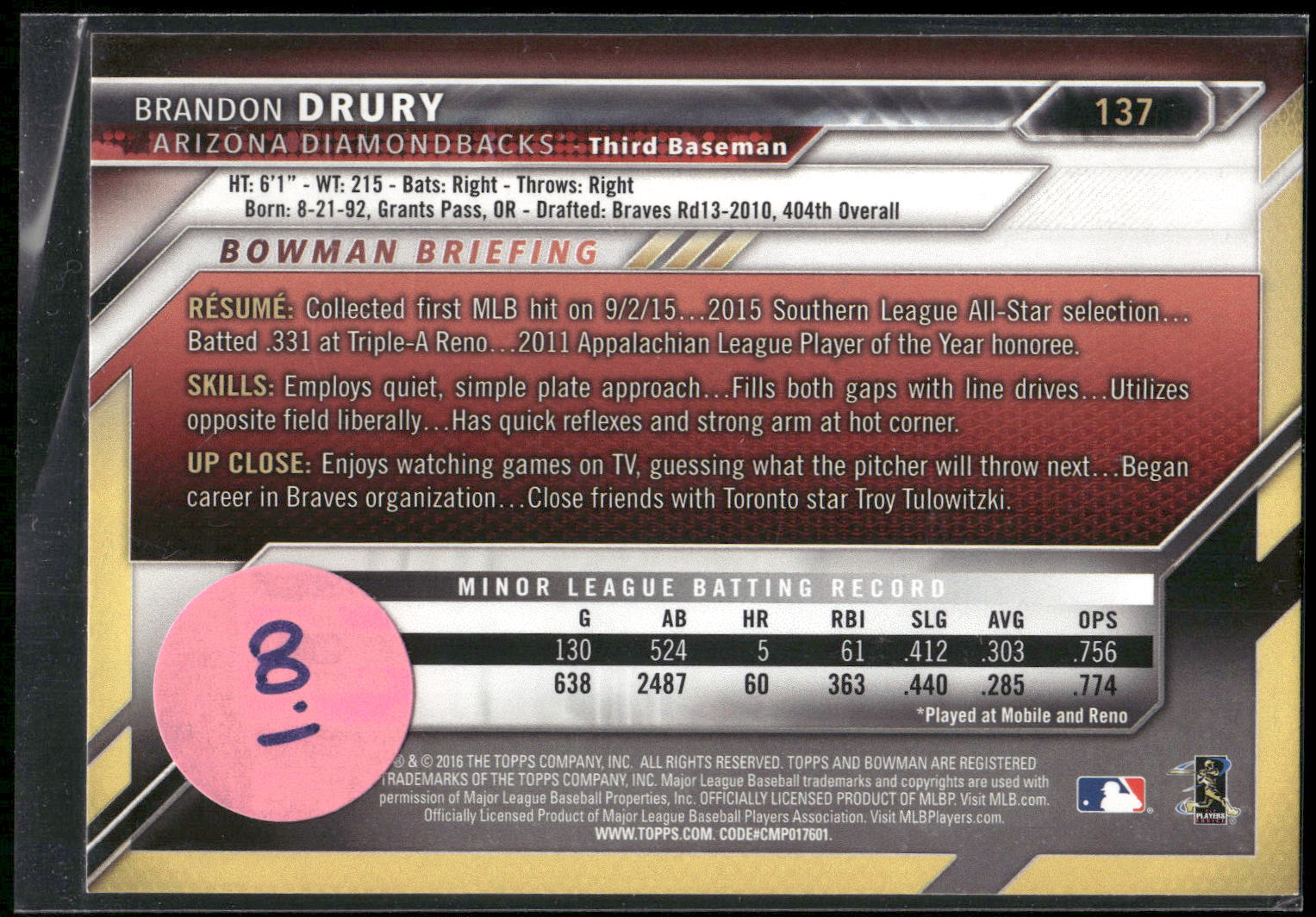 2016 Bowman #137 Brandon Drury