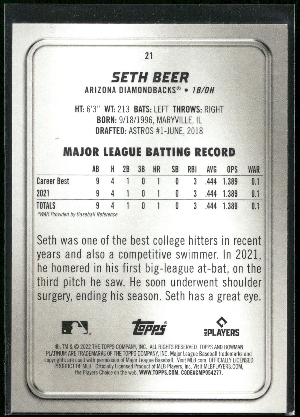 2022 Bowman Platinum #21 Seth Beer