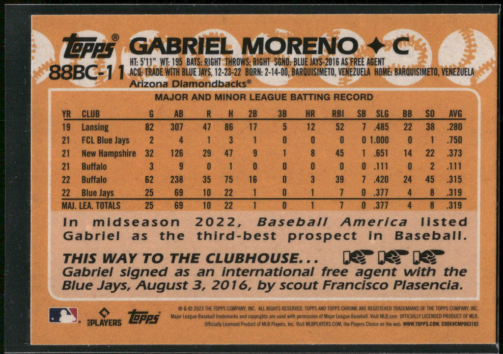 2023 Topps Chrome #88BC-11 Gabriel Moreno 1988 Topps Baseball 35th Anniversary