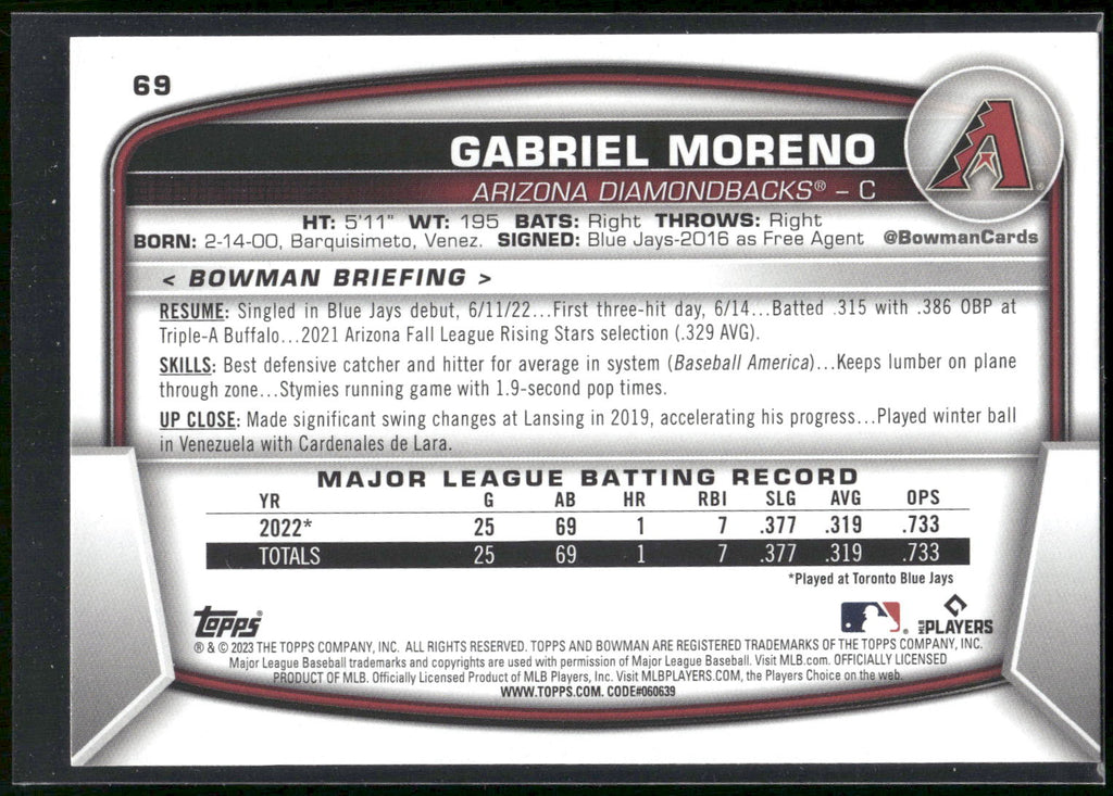 2023 Bowman #69 Gabriel Moreno