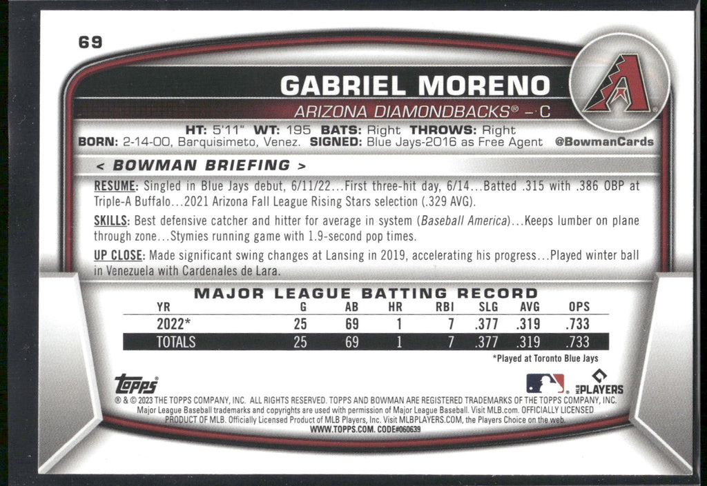 2023 Bowman #69 Gabriel Moreno