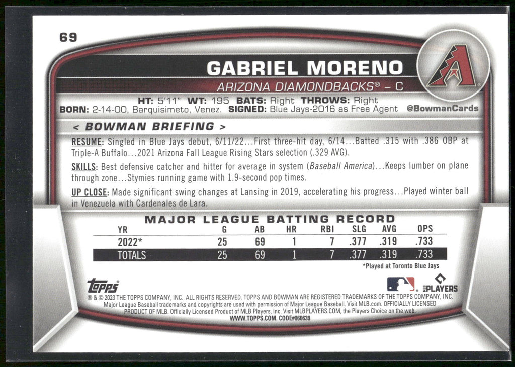 2023 Bowman #69 Gabriel Moreno