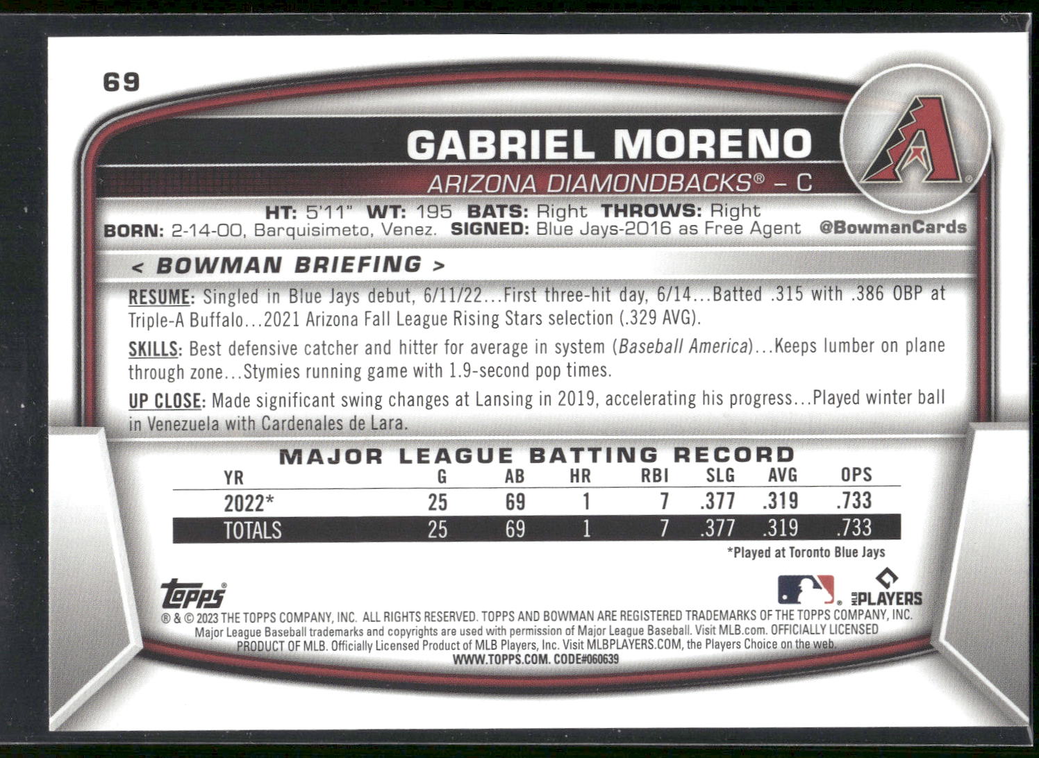 2023 Bowman #69 Gabriel Moreno