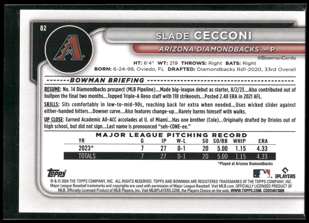 2024 Bowman #82 Slade Cecconi