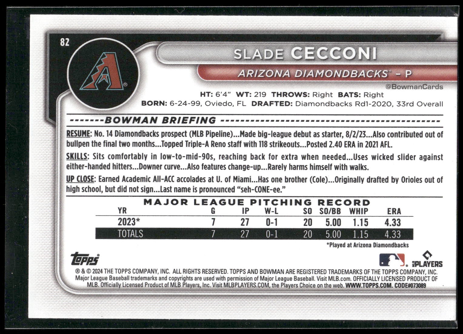 2024 Bowman #82 Slade Cecconi
