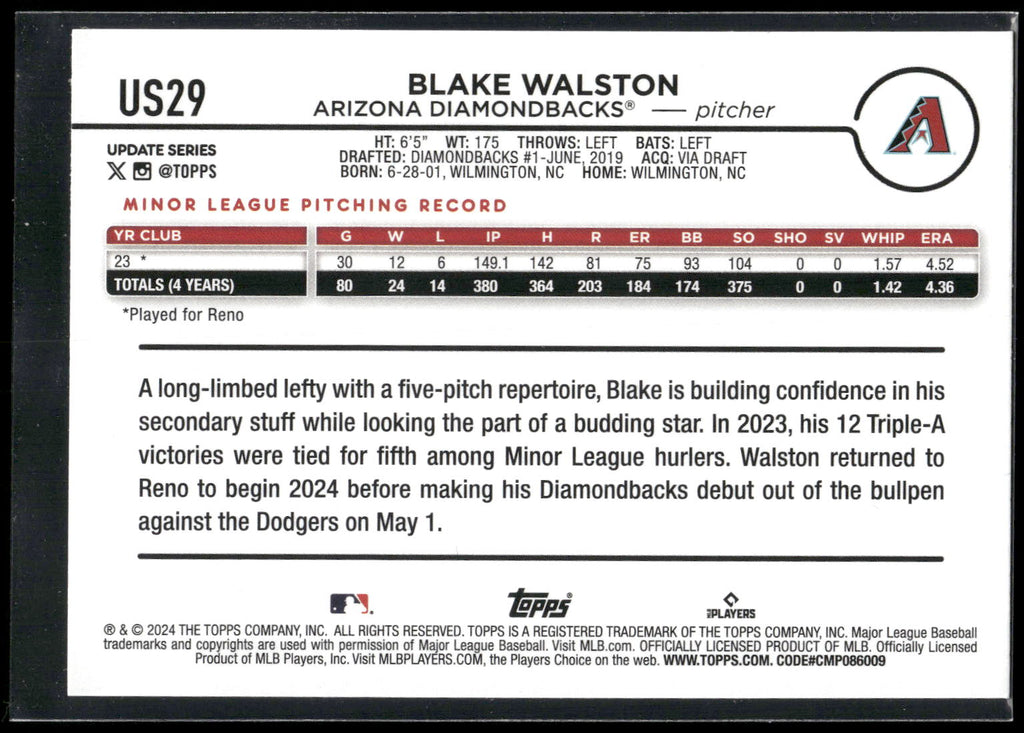 2024 Topps Update #US29 Blake Walston Yellow