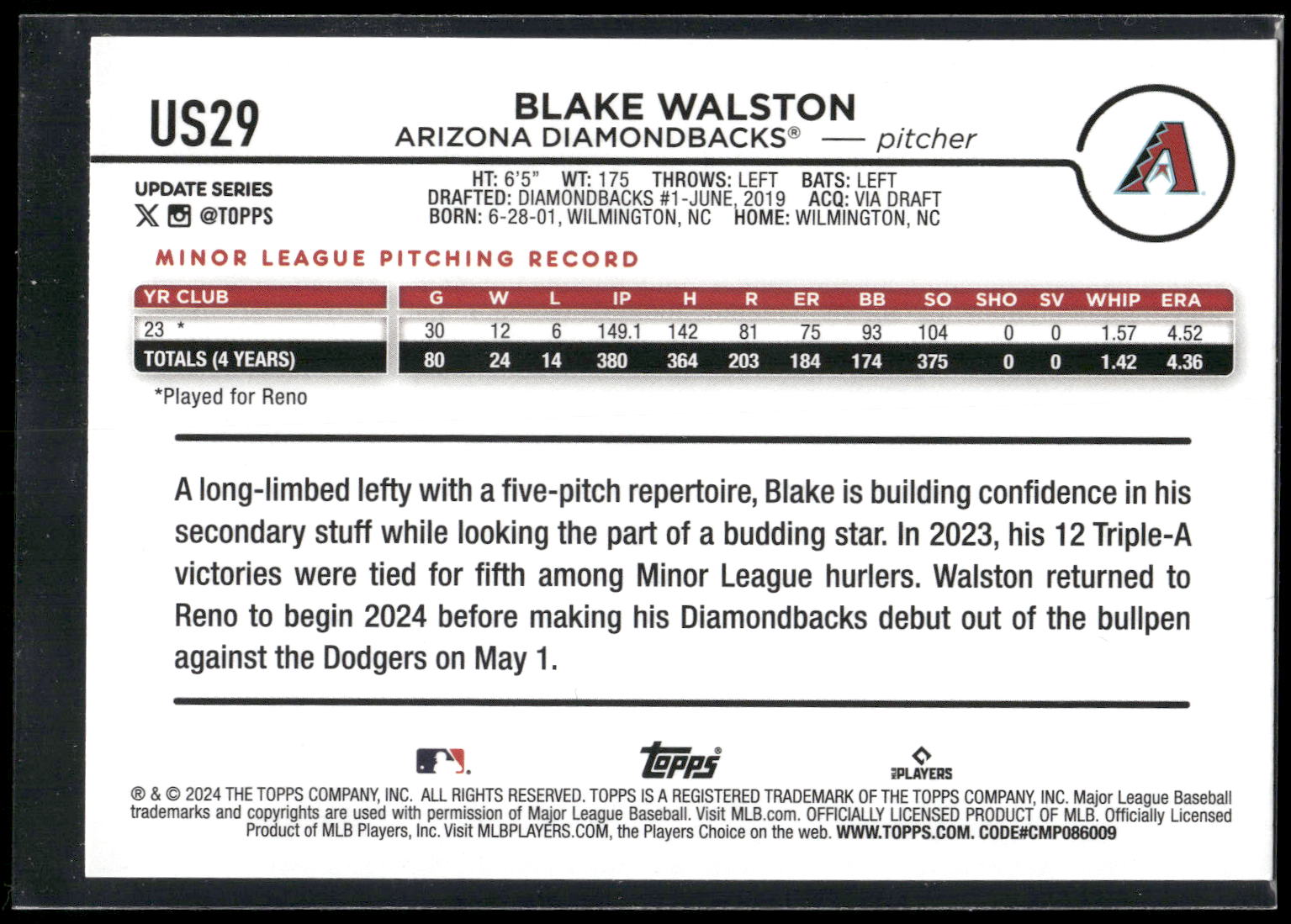 2024 Topps Update #US29 Blake Walston Yellow