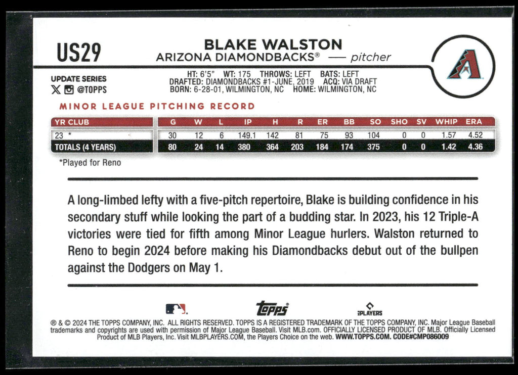2024 Topps Update #US29 Blake Walston