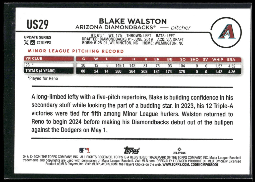 2024 Topps Update #US29 Blake Walston