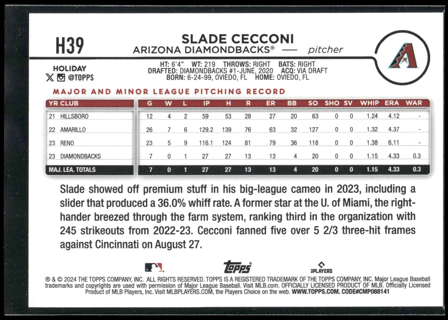 2024 Topps Holiday #H39 Slade Cecconi