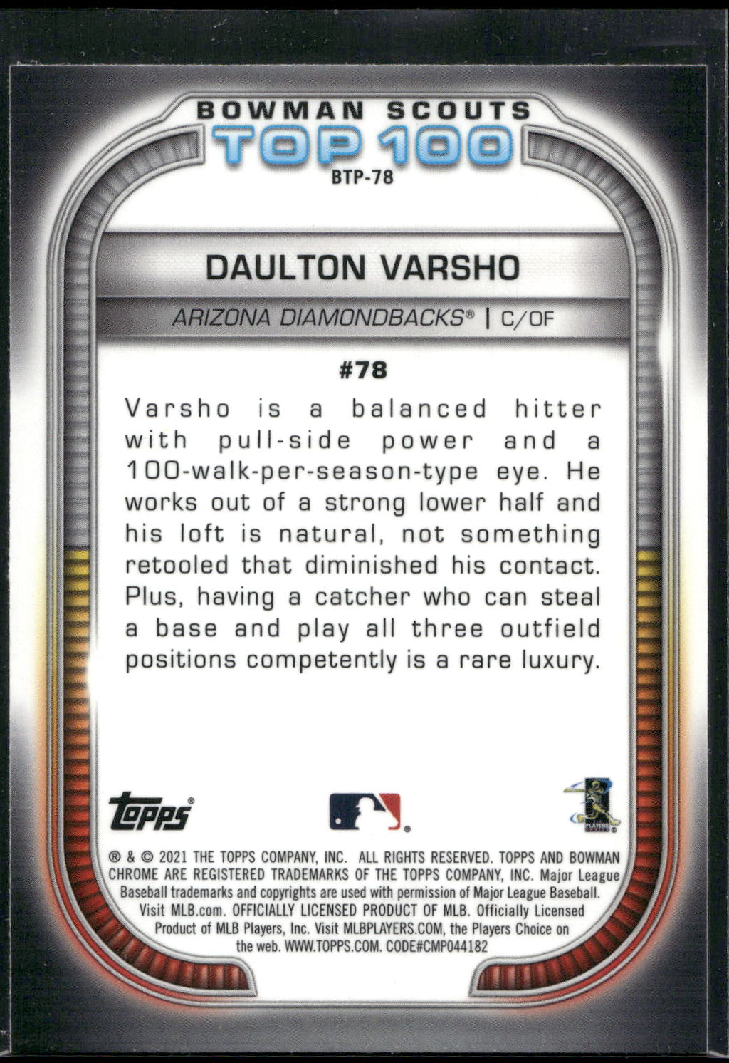 2021 Bowman #BTP-78 Daulton Varsho Chrome Bowman Scouts Top 100