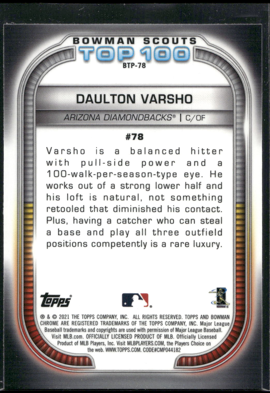 2021 Bowman #BTP-78 Daulton Varsho Chrome Bowman Scouts Top 100