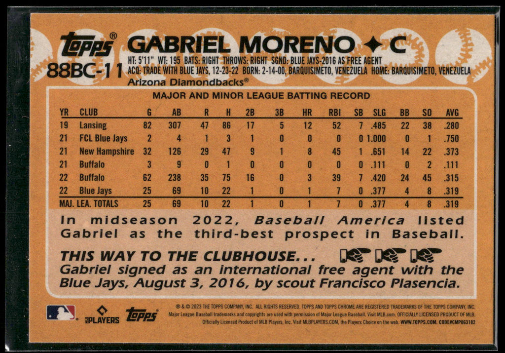 2023 Topps Chrome #88BC-11 Gabriel Moreno 1988 Topps Baseball 35th Anniversary