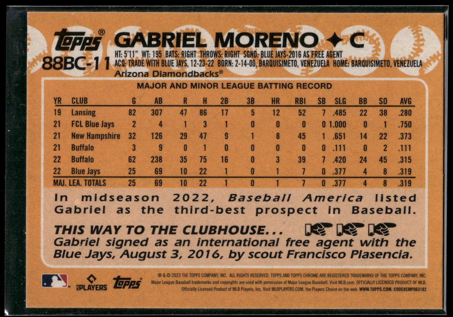 2023 Topps Chrome #88BC-11 Gabriel Moreno 1988 Topps Baseball 35th Anniversary