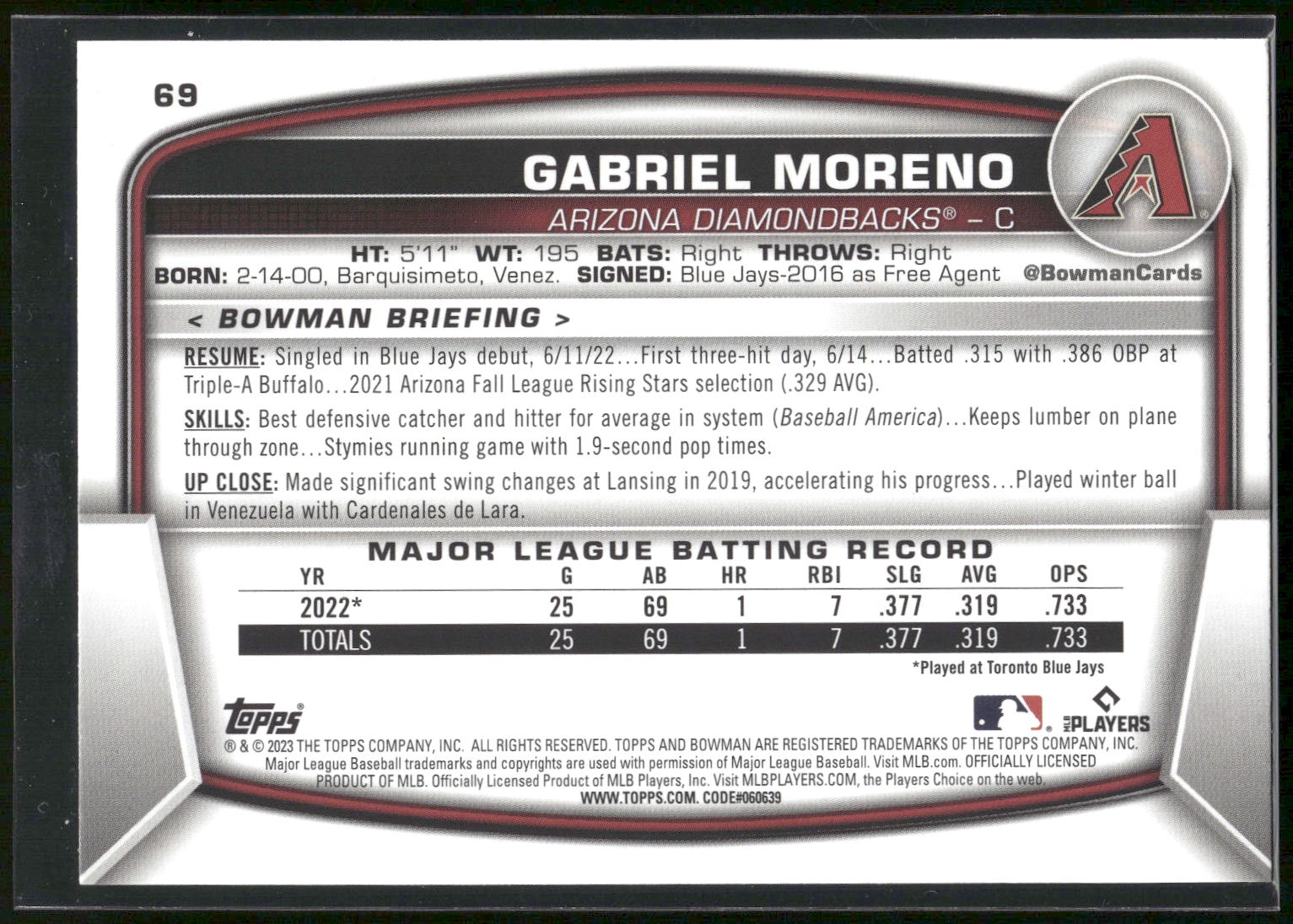 2023 Bowman #69 Gabriel Moreno