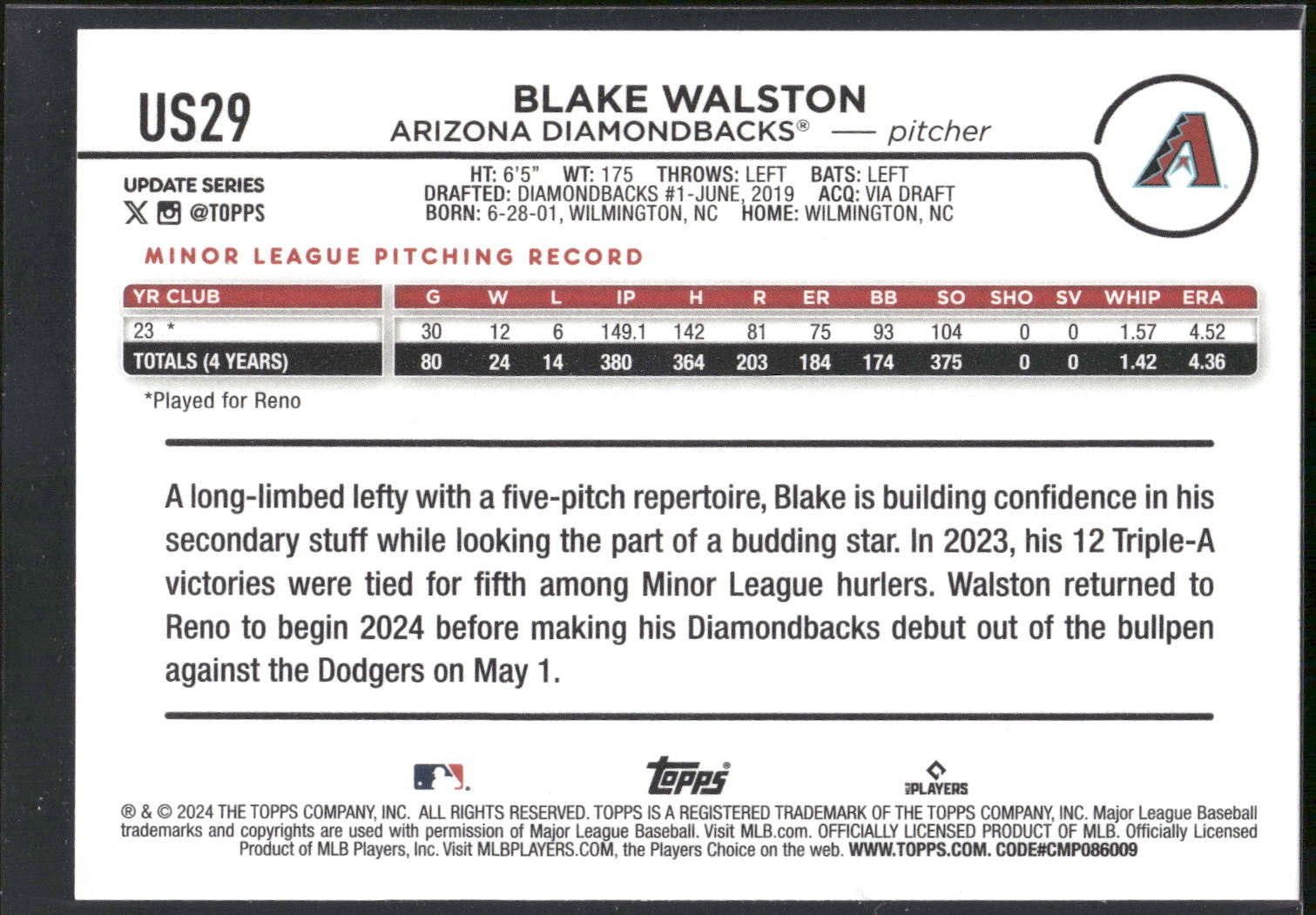 2024 Topps Update #US29 Blake Walston
