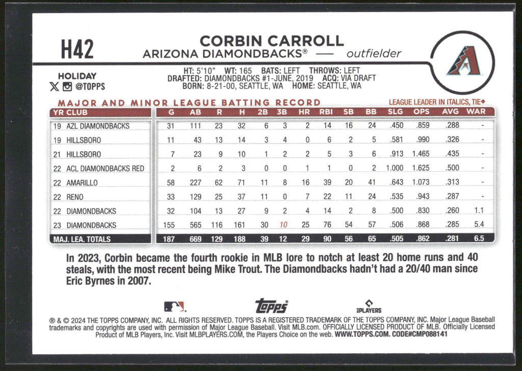 2024 Topps Holiday #H42 Corbin Carroll