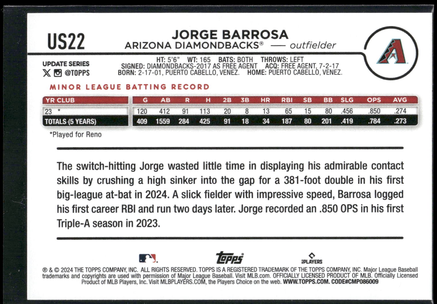 2024 Topps Update #US22 Jorge Barrosa