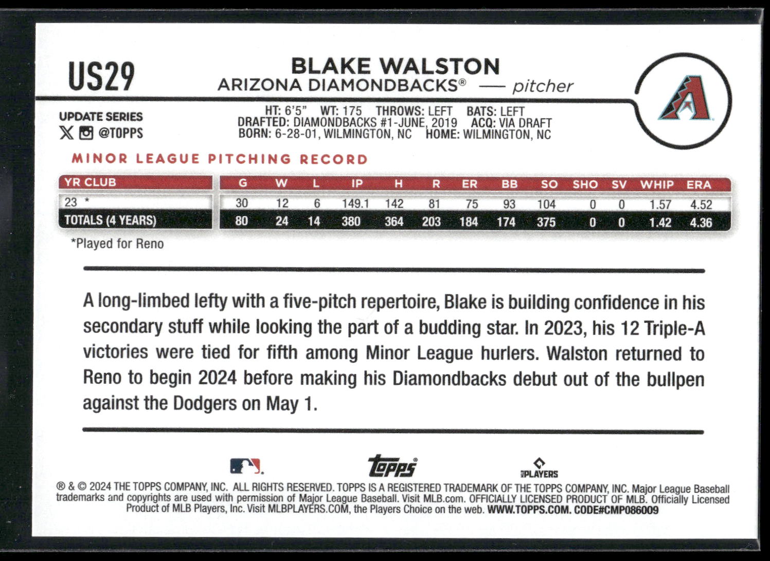 2024 Topps Update #US29 Blake Walston