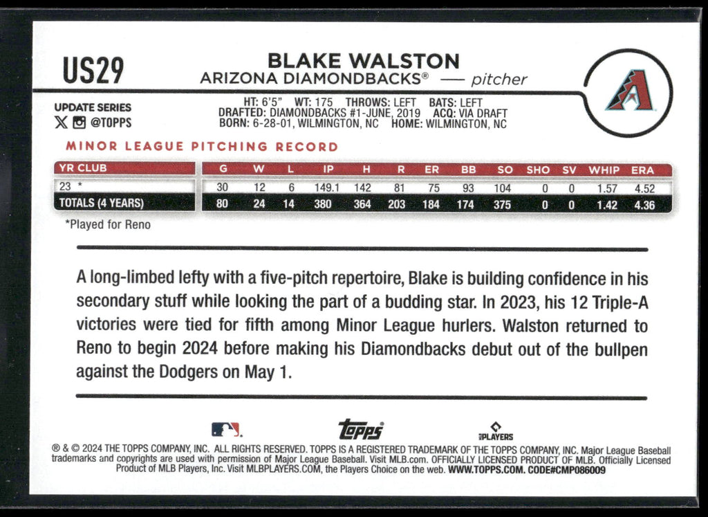 2024 Topps Update #US29 Blake Walston