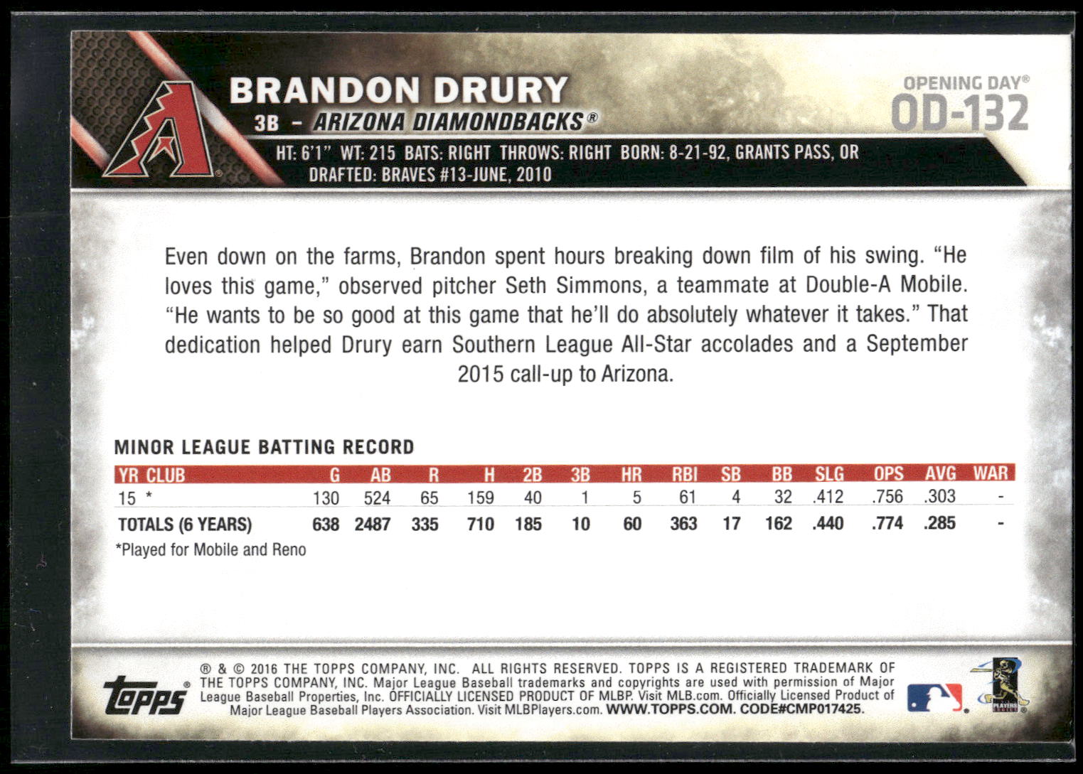 2016 Topps #607 Brandon Drury