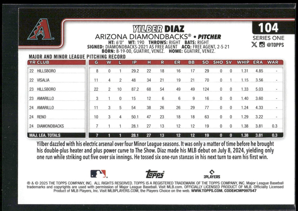 2025 Topps #104 Yilber Diaz