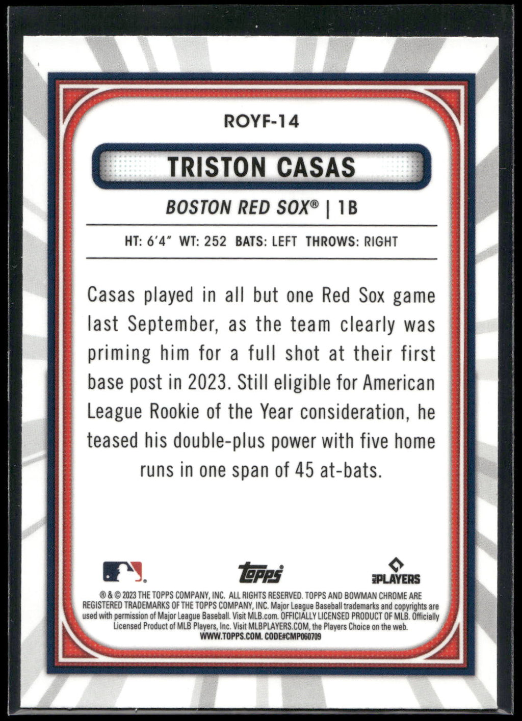 2023 Bowman #ROYF-14 Triston Casas Rookie of the Year Favorites
