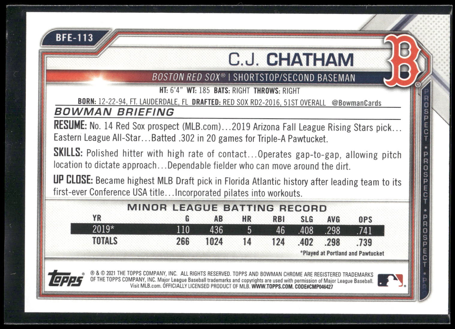 2021 Bowman 1st Edition #BFE-113 C.J. Chatham Sky Blue