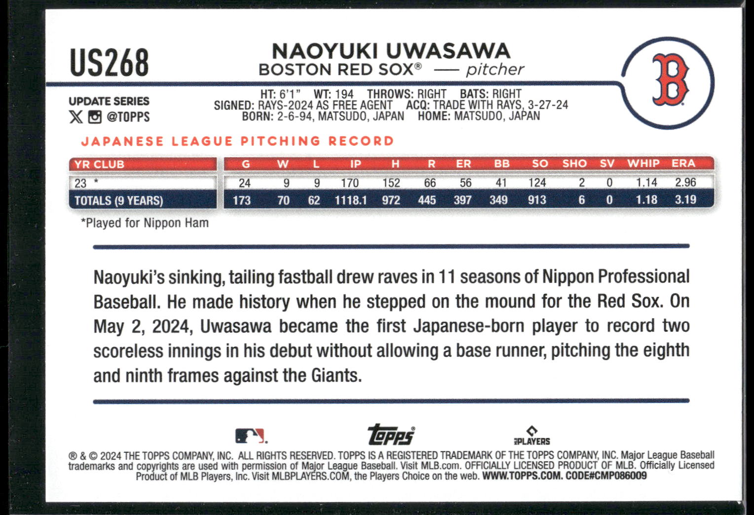 2024 Topps Update #US268 Naoyuki Uwasawa