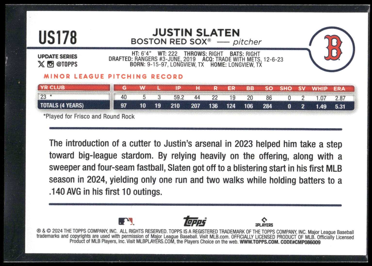 2024 Topps Update #US178 Justin Slaten