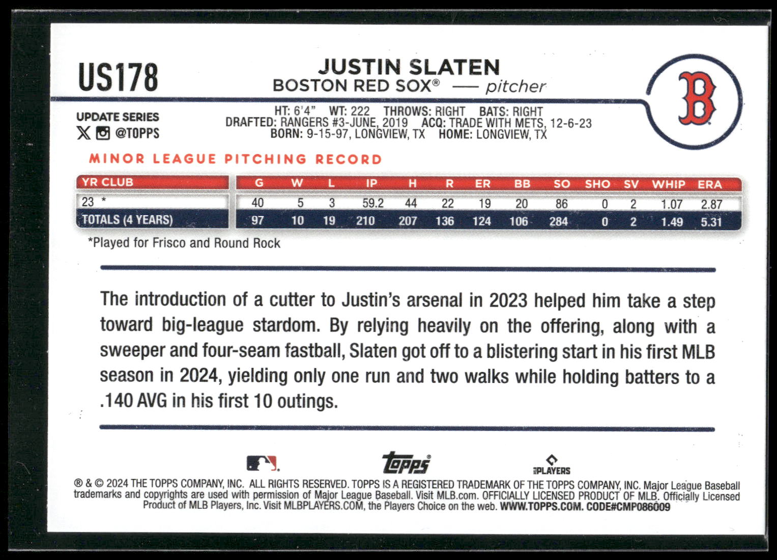 2024 Topps Update #US178 Justin Slaten