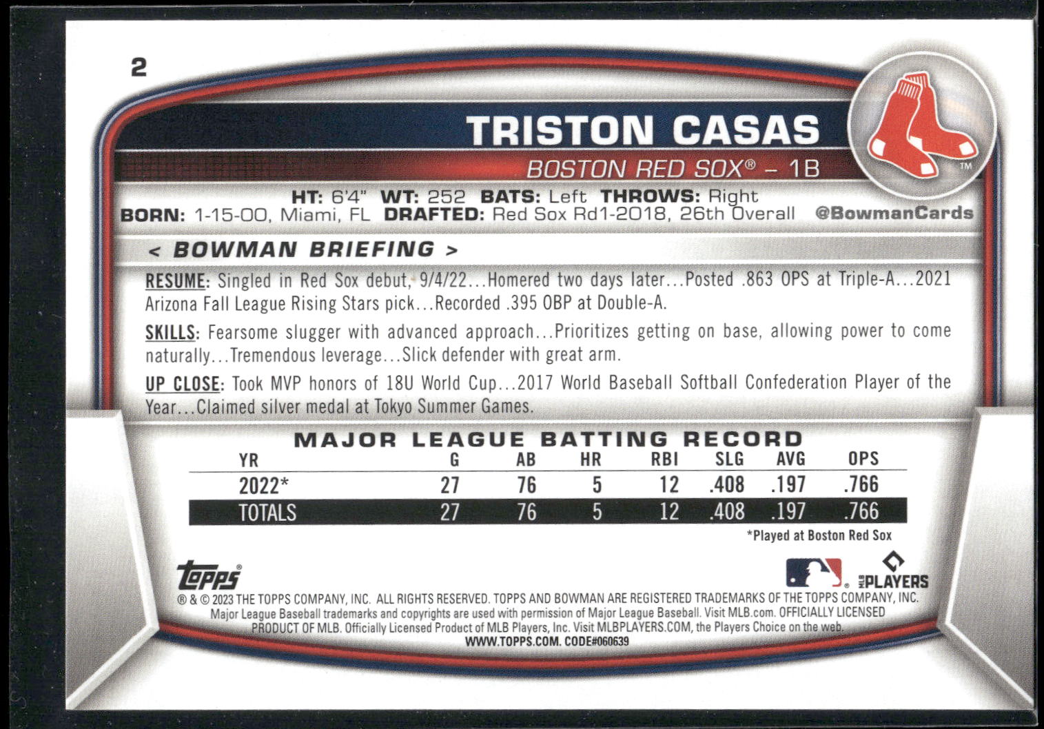 2023 Bowman #2 Triston Casas