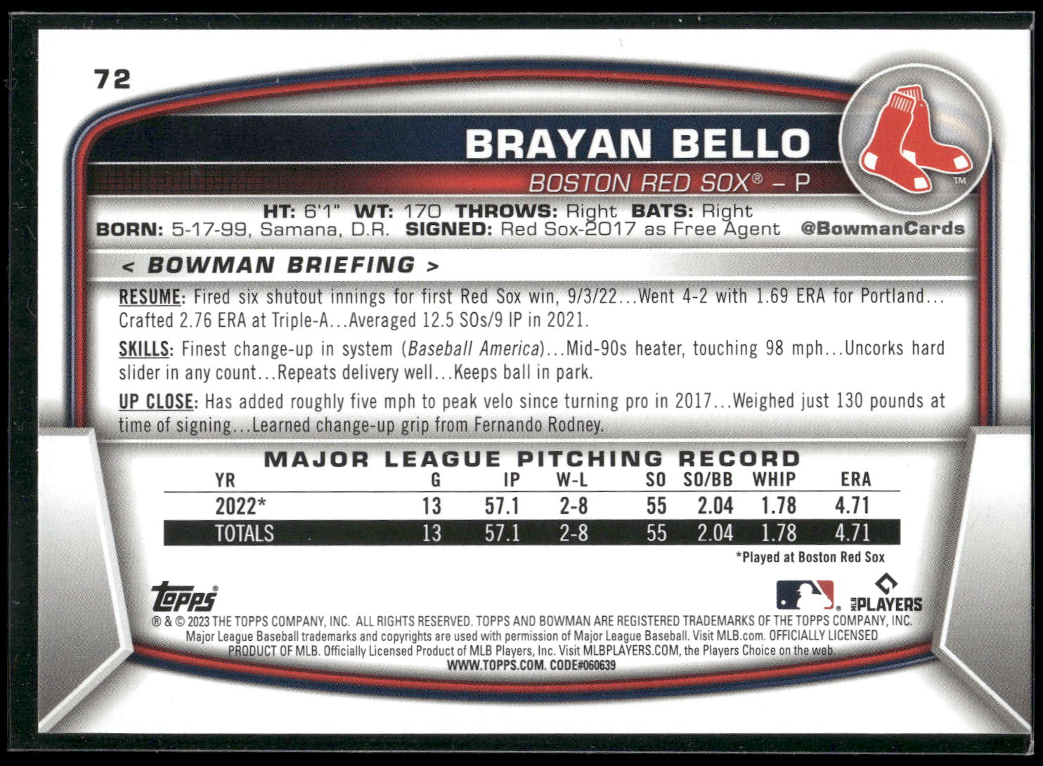 2023 Bowman #72 Brayan Bello