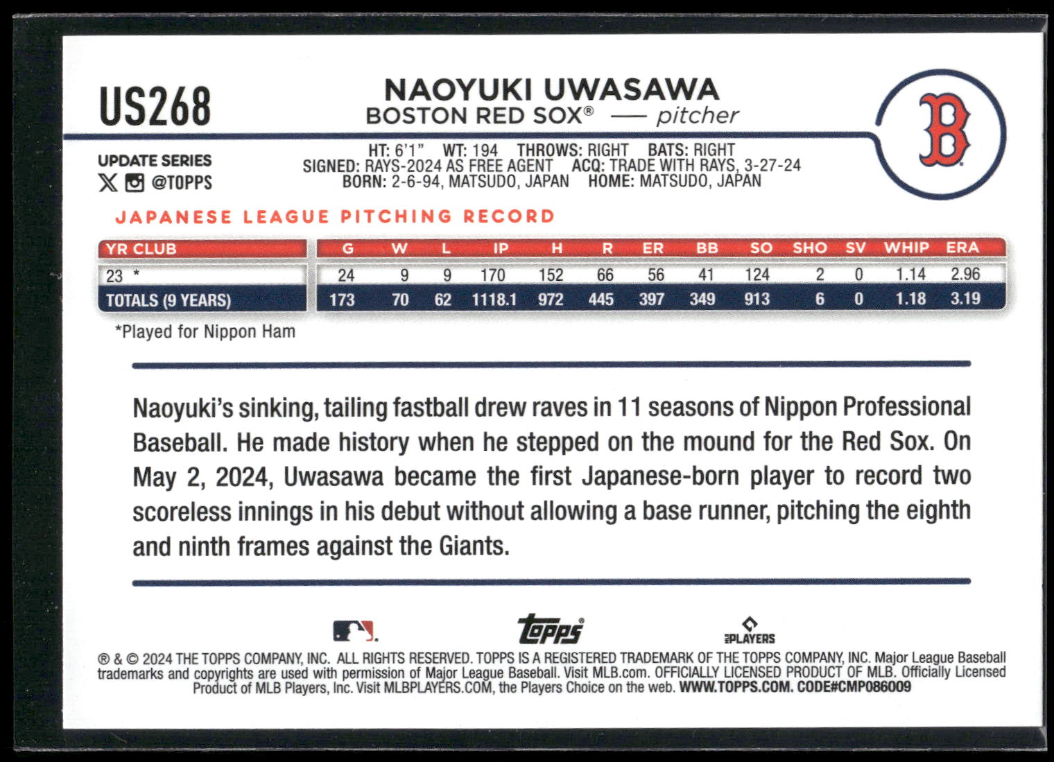 2024 Topps Update #US268 Naoyuki Uwasawa