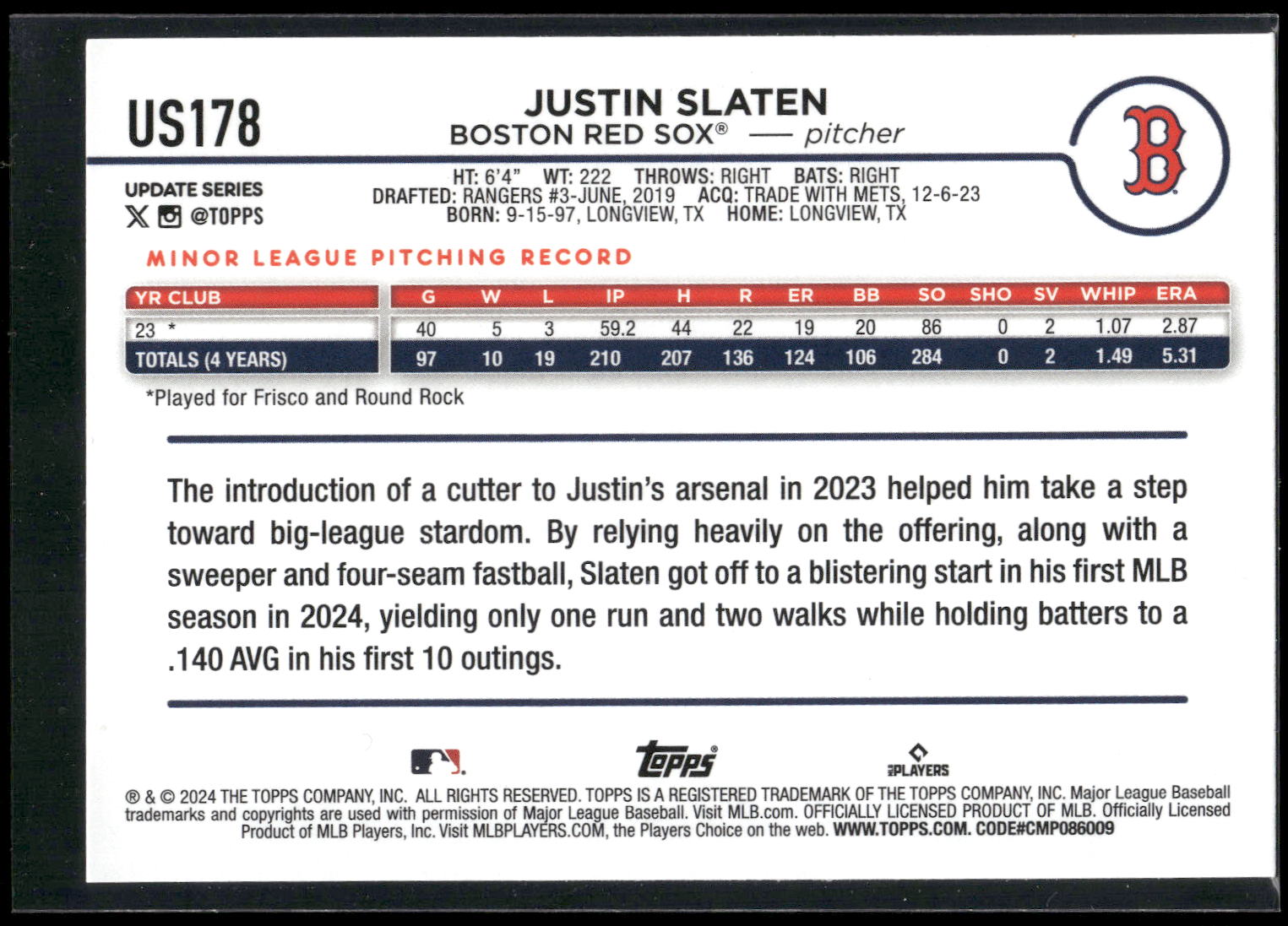 2024 Topps Update #US178 Justin Slaten