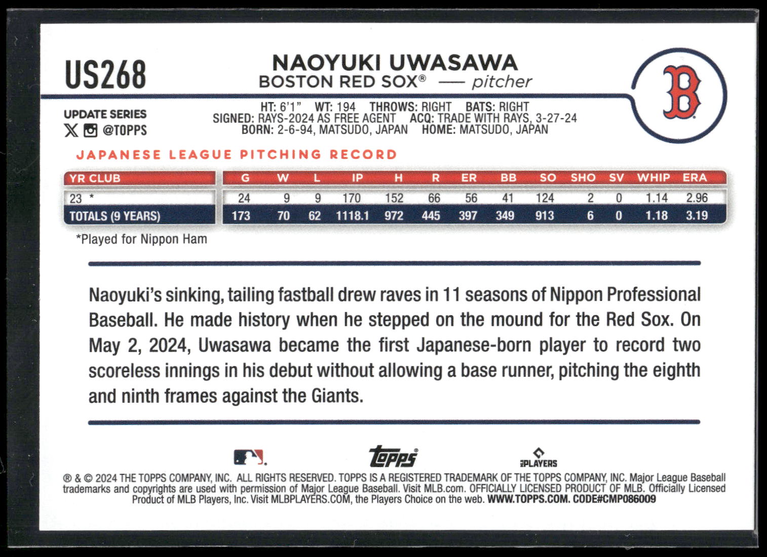 2024 Topps Update #US268 Naoyuki Uwasawa
