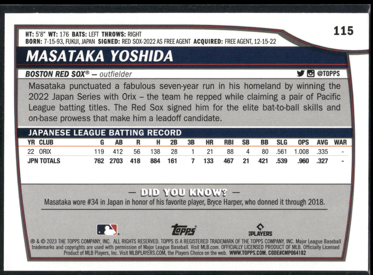 2023 Topps Big League #115 Masataka Yoshida