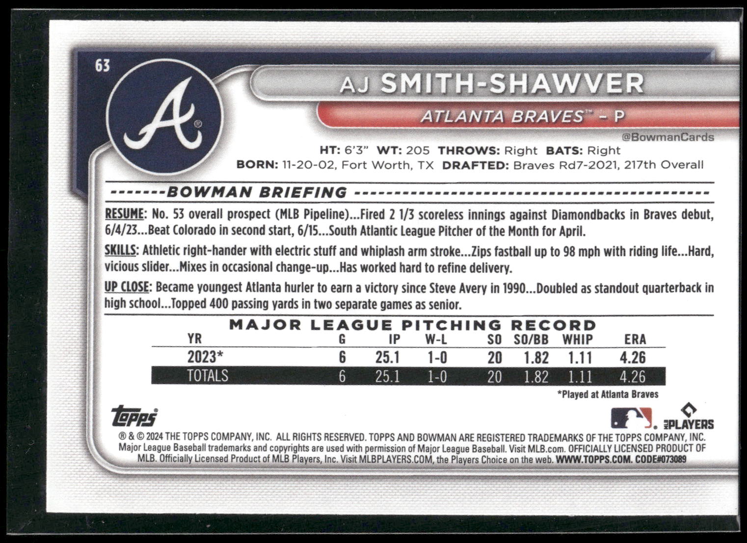 2024 Bowman #63 AJ Smith-Shawver