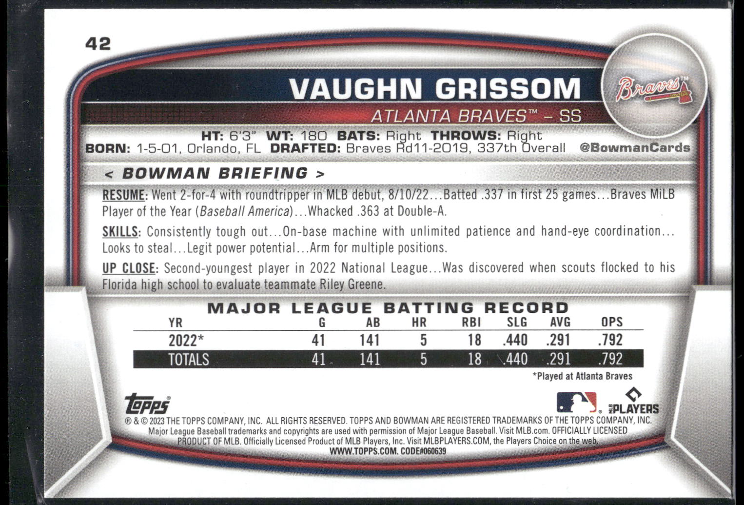 2023 Bowman #42 Vaughn Grissom