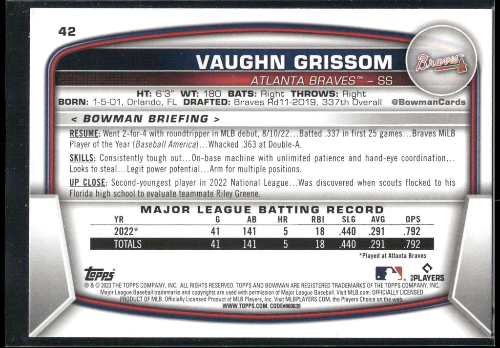 2023 Bowman #42 Vaughn Grissom