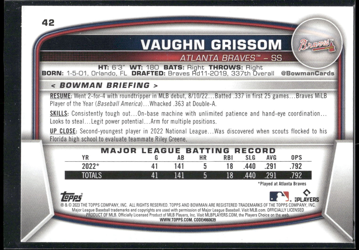 2023 Bowman #42 Vaughn Grissom